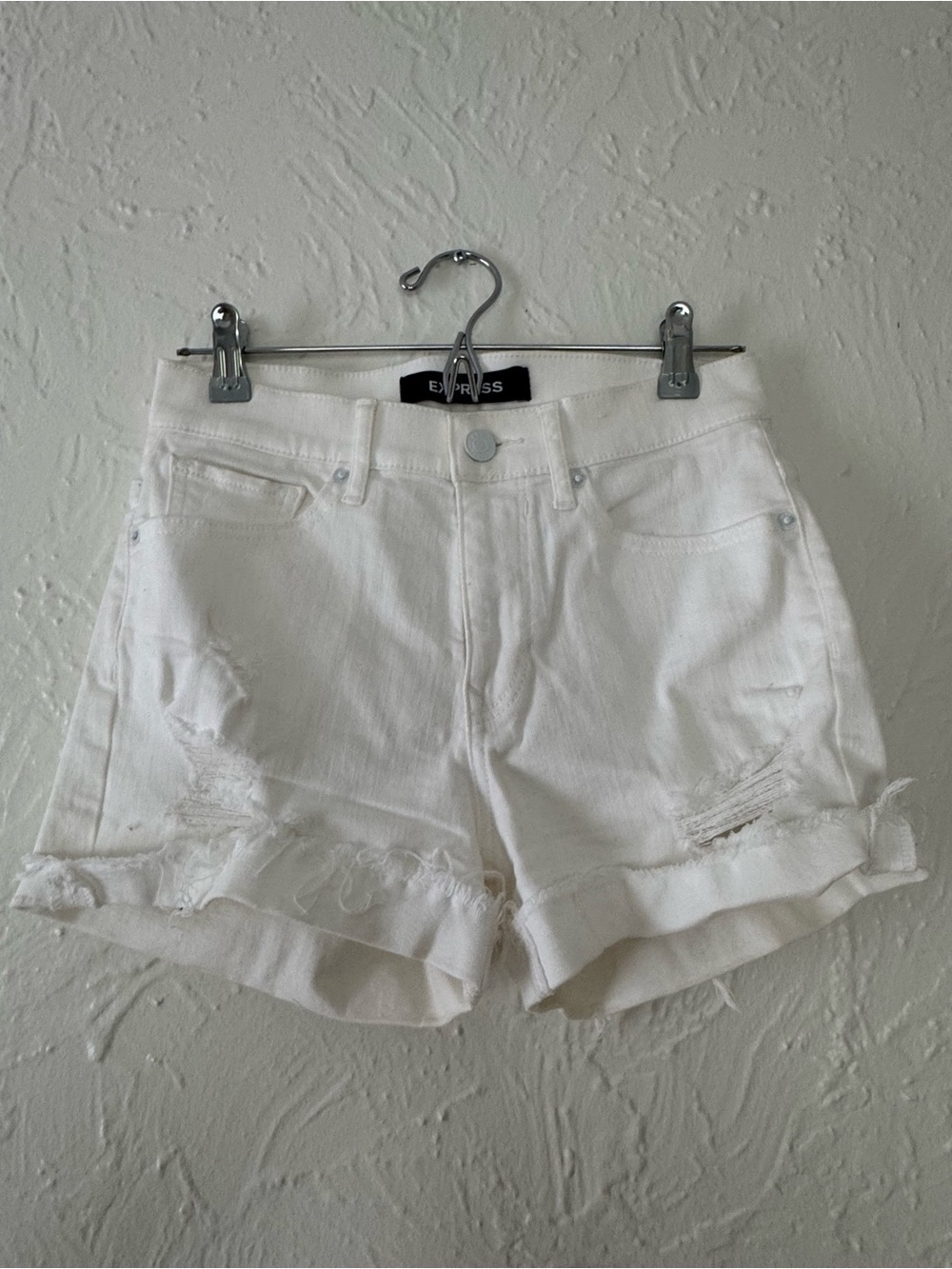 Express White Distressed Rolled-Hem Jean Shorts